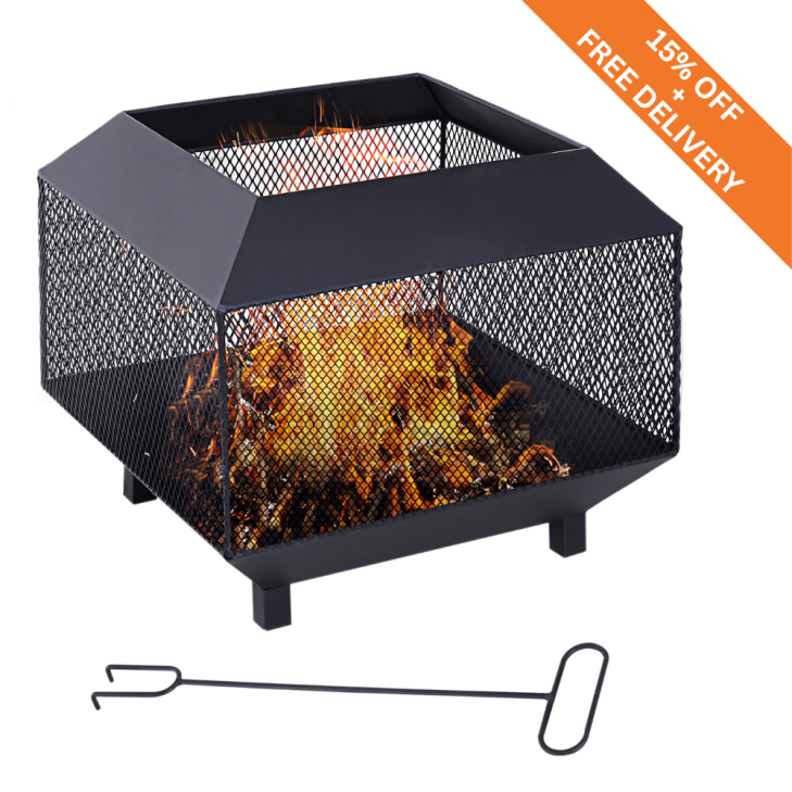 Square Metal Fire Pit with Lid, Log Grate & Poker – 44cm Outdoor Wood Burning Fire Bowl for Garden, Camping & Bonfires – Black 1
