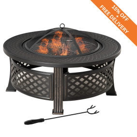 Outdoor Fire Pit with Grill Net & Mesh Lid – Includes Poker – Camping, Bonfire & Picnic Brazier – Bronze Finish 1