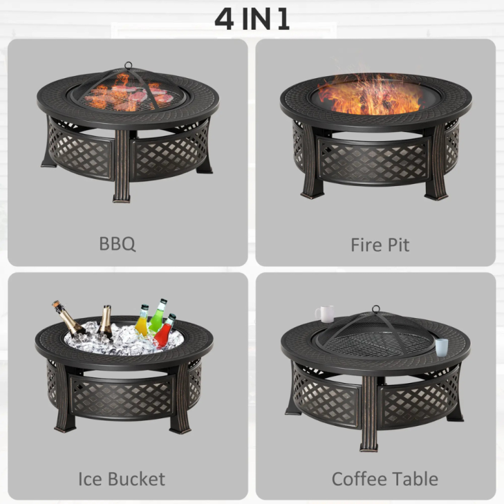 Outdoor Fire Pit with Grill Net & Mesh Lid – Includes Poker – Camping, Bonfire & Picnic Brazier – Bronze Finish 4