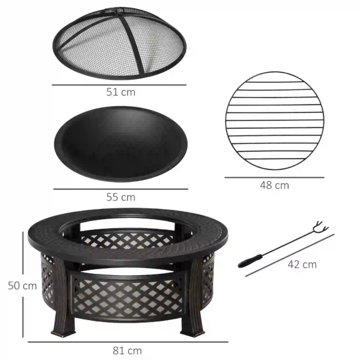 Outdoor Fire Pit with Grill Net & Mesh Lid – Includes Poker – Camping, Bonfire & Picnic Brazier – Bronze Finish 3
