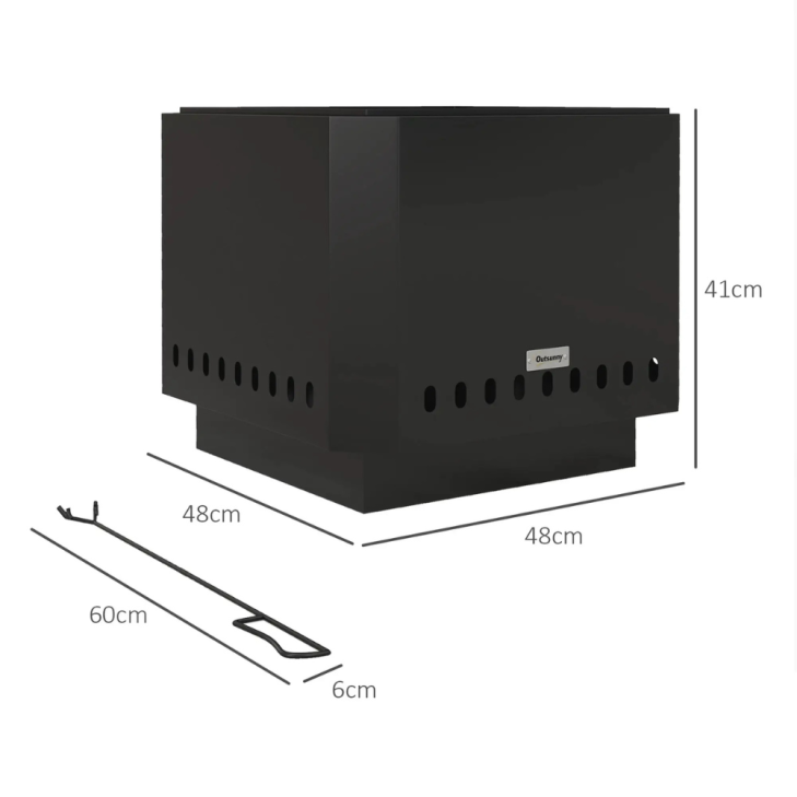 Square Smokeless Fire Pit – 48cm Portable Wood Burning Bonfire Stove with Poker – Black 3