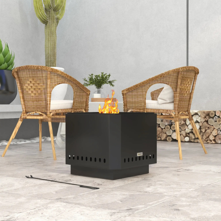 Square Smokeless Fire Pit – 48cm Portable Wood Burning Bonfire Stove with Poker – Black 4