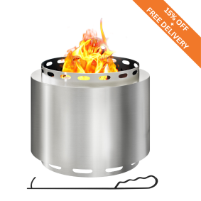 Stainless Steel Smokeless Fire Pit – 48.5cm Portable Wood Burning Bonfire Stove with Poker – Silver 1