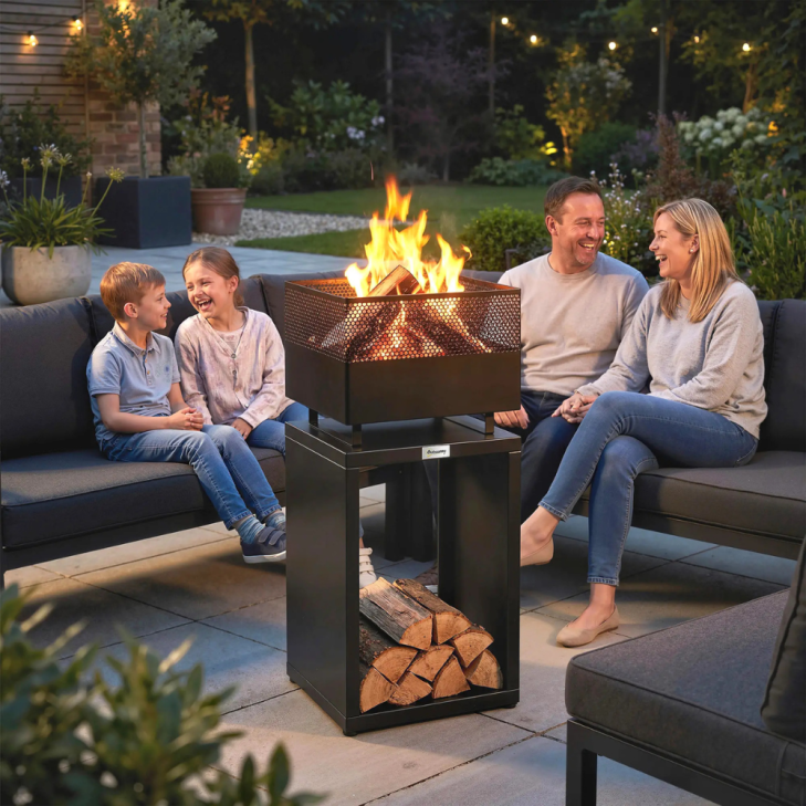 Outdoor Fire Pit with Integrated Wood Storage – 87cm Wood Burning Fire Bowl with Mesh Sides – Black 2